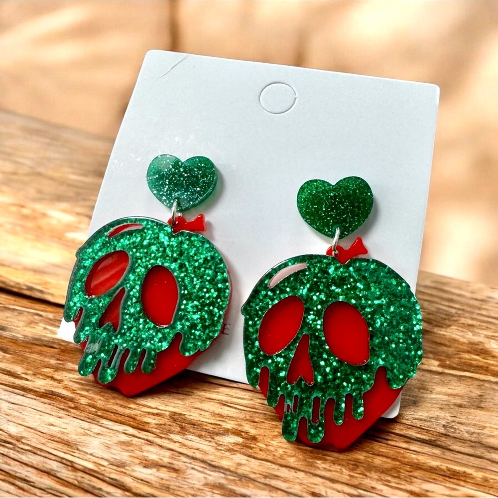 Pair Glitter Candy Apple Drippy Skull Dangle Earrings Unique Jewelry Funky